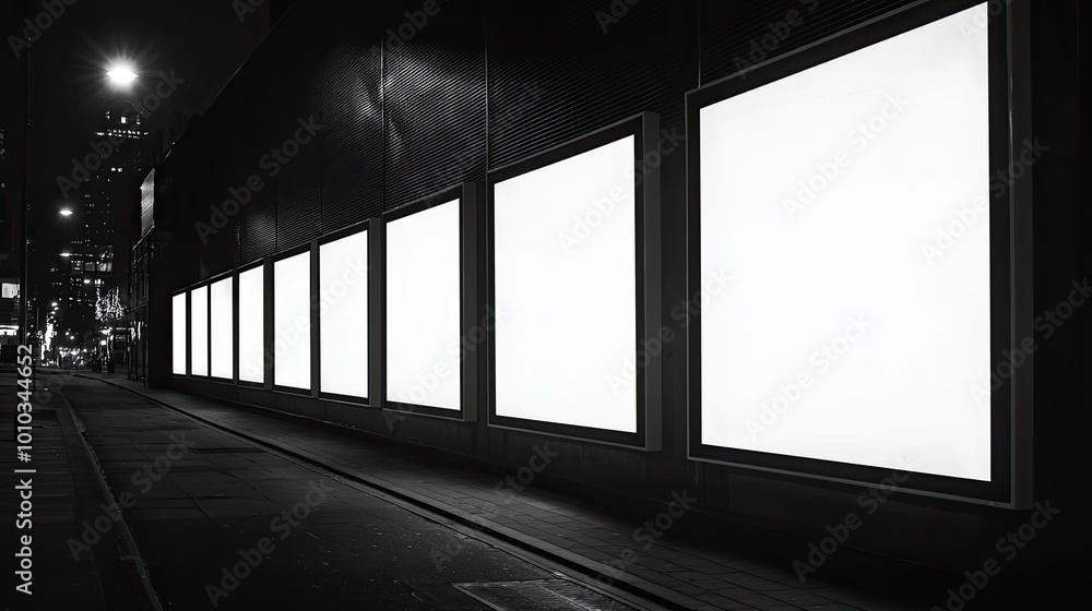 Row of Blank Billboards on a City Street at Night Row of Blank Billboards on a City Street at Night