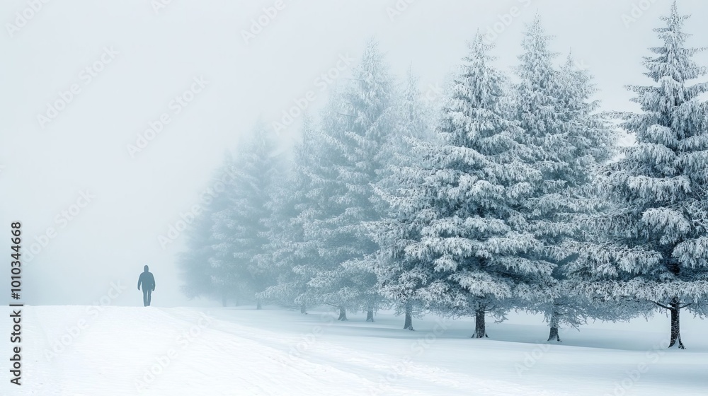 Solitary Figure Walking Through Snowy Forest with Fog and Fir Trees Solitary Figure Walking Through Snowy Forest with Fog and Fir Trees