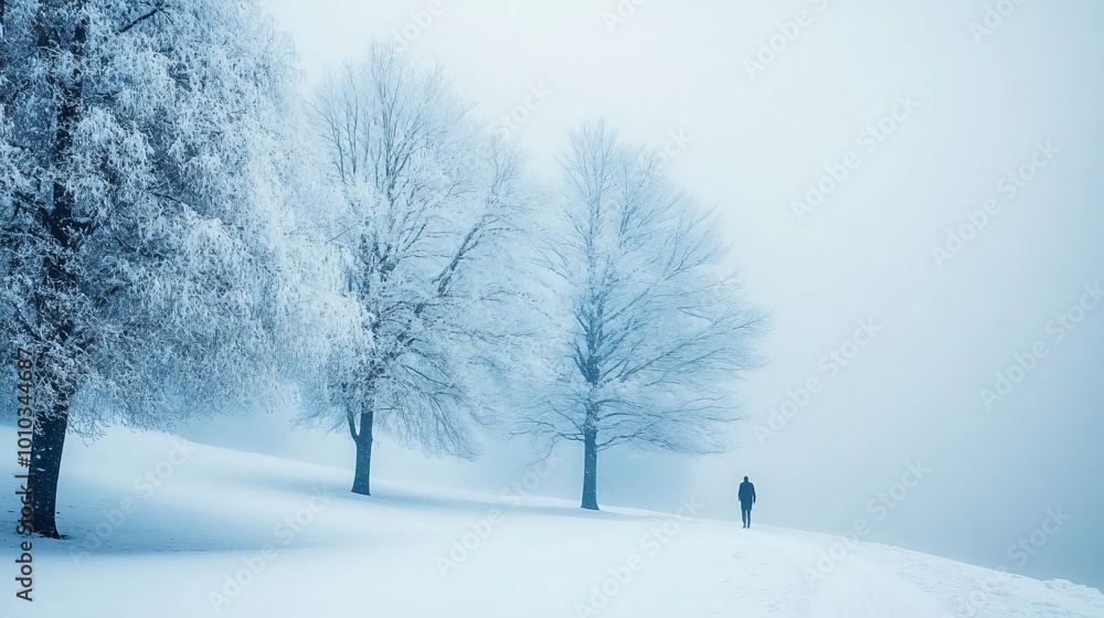 Solitary Figure Walking Through Snowy Landscape With Frosted Trees Solitary Figure Walking Through Snowy Landscape With Frosted Trees