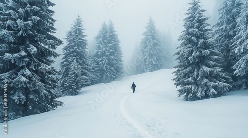 Snowy Forest Path with Lone Hiker in Winter Wonderland