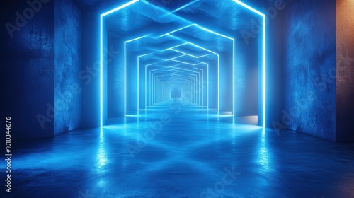 A futuristic corridor illuminated by glowing blue lights, creating a mesmerizing tunnel effect in a sleek environment