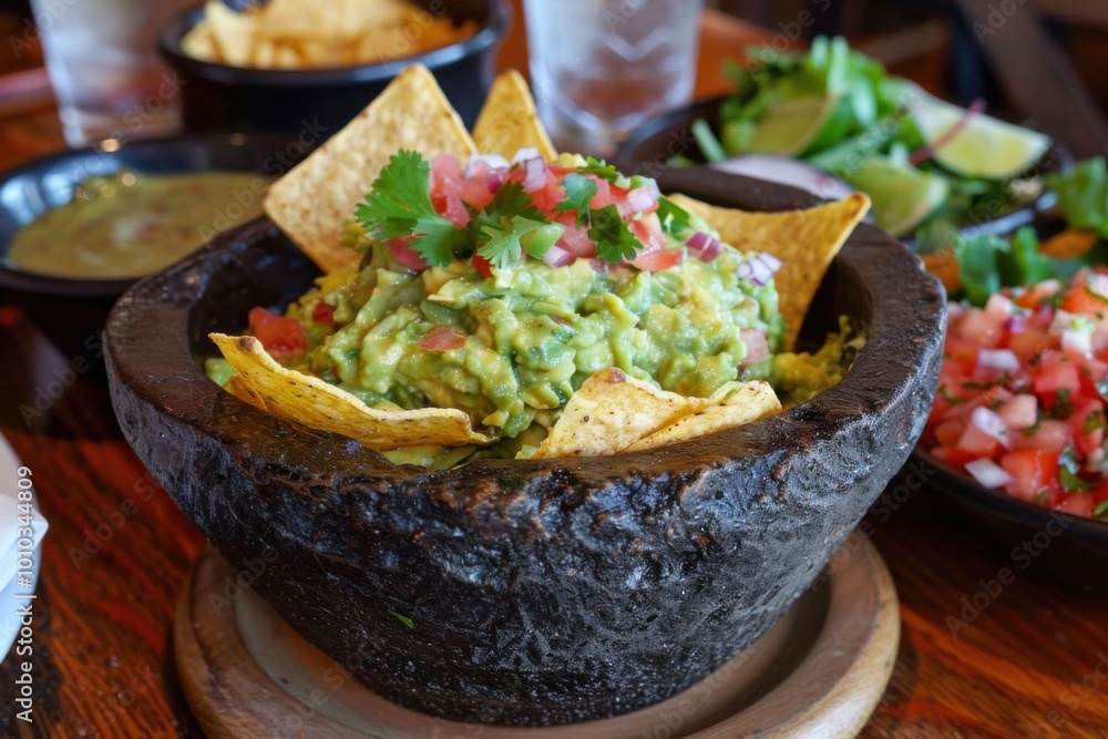 Fresh guacamole with tortilla chips and salsa for a perfect Mexican appetizer Fresh guacamole with tortilla chips and salsa for a perfect Mexican appetizer
