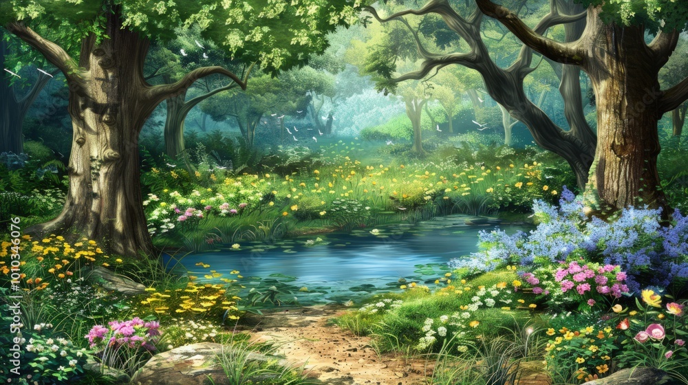 Enchanted Forest Path Leading to a Serene Pond Enchanted Forest Path Leading to a Serene Pond