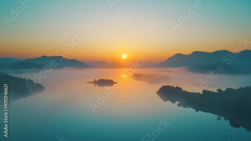 Serene Sunrise Over Misty Lake