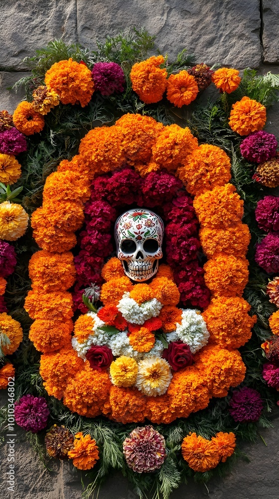 Day of the Dead Skull Decorated with Orange and Red Flowers Day of the Dead Skull Decorated with Orange and Red Flowers