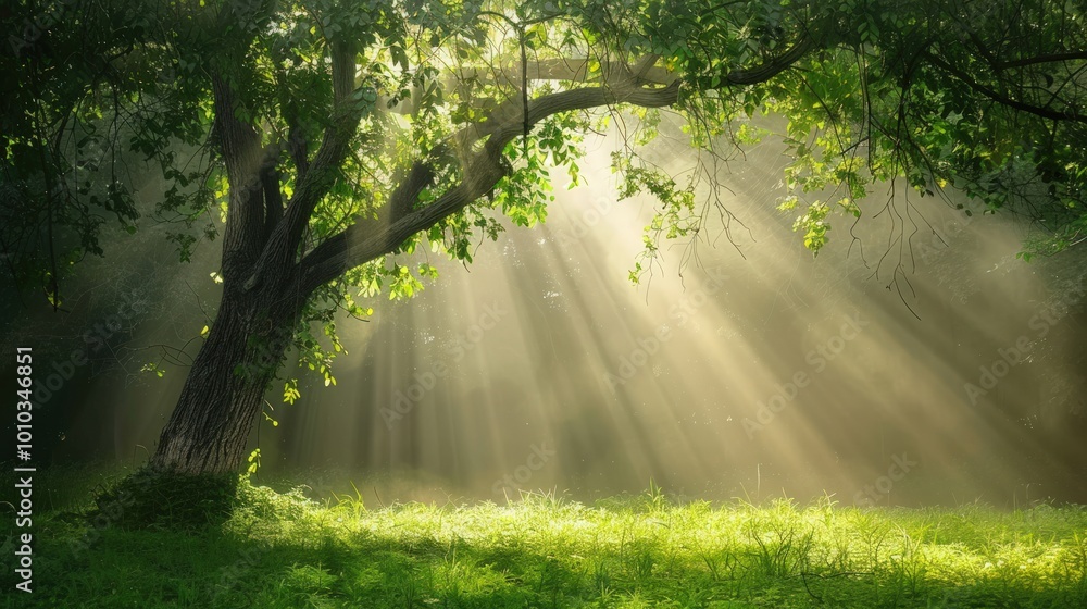 Fototapeta premium Sunlight Filtering Through Trees in a Misty Forest