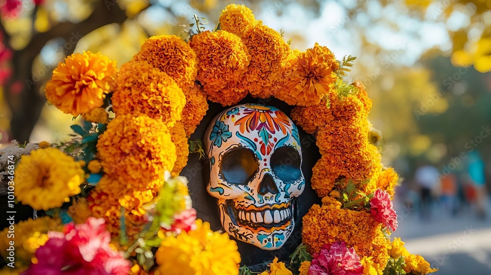 Day of the Dead Sugar Skull Decorated with Marigold Flowers Day of the Dead Sugar Skull Decorated with Marigold Flowers