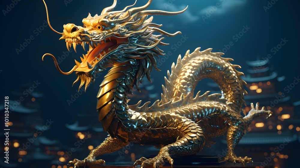 Golden Dragon Statue with Cityscape Background Chinese Mythology Legend Art Sculpture Golden Dragon Statue with Cityscape Background Chinese Mythology Legend Art Sculpture