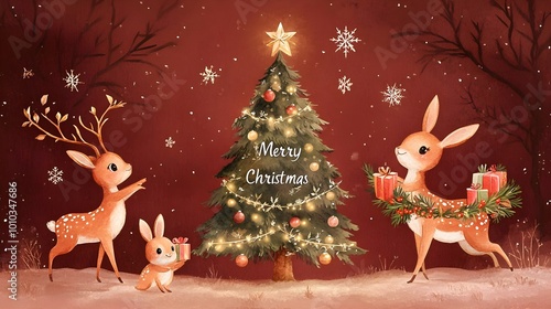 Cute Deer Family Celebrating Christmas with Gifts and Tree