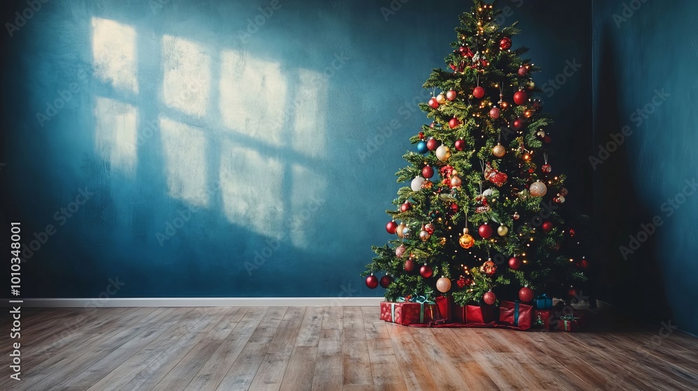 Decorated Christmas Tree with Gifts Against a Teal Wall Decorated Christmas Tree with Gifts Against a Teal Wall