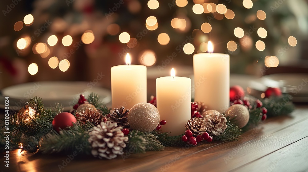 Festive Christmas Table Centerpiece with Candles Pine Cones and Ornaments Festive Christmas Table Centerpiece with Candles Pine Cones and Ornaments