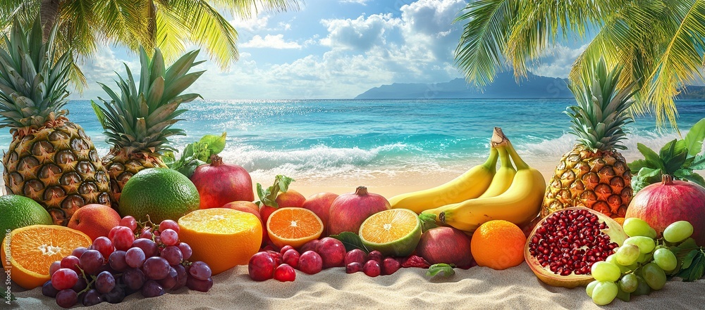 A colorful array of tropical fruits on the beach, with palm trees and crystal-clear waters in the background A colorful array of tropical fruits on the beach, with palm trees and crystal-clear waters in the background