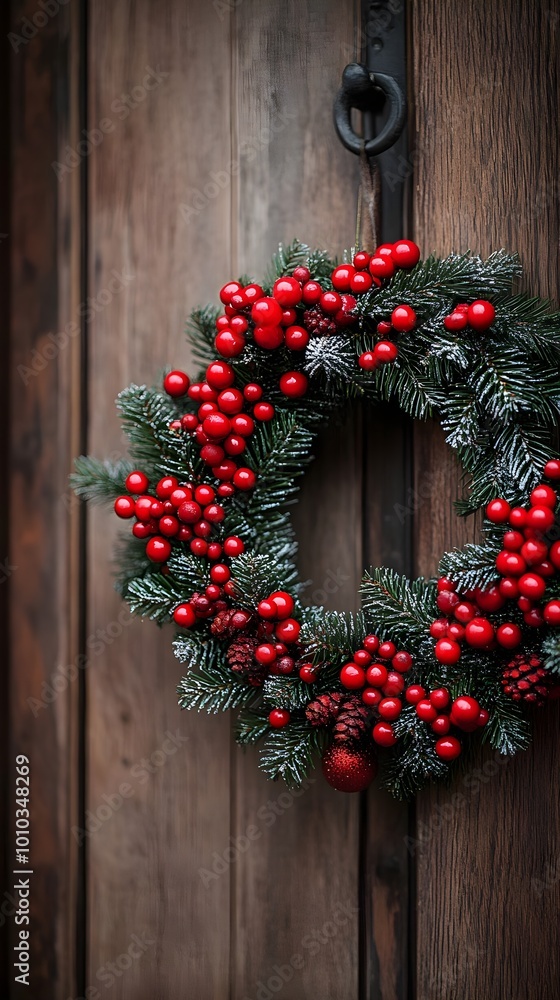 Christmas Wreath with Red Berries on Wooden Door Christmas Wreath with Red Berries on Wooden Door