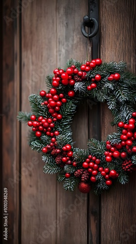 Christmas Wreath with Red Berries on Wooden Door