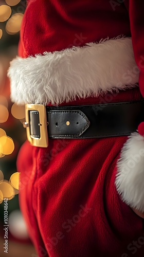 Festive Red Suit with Golden Buckle Belt and White Fur Trim Christmas Santa Claus Holi