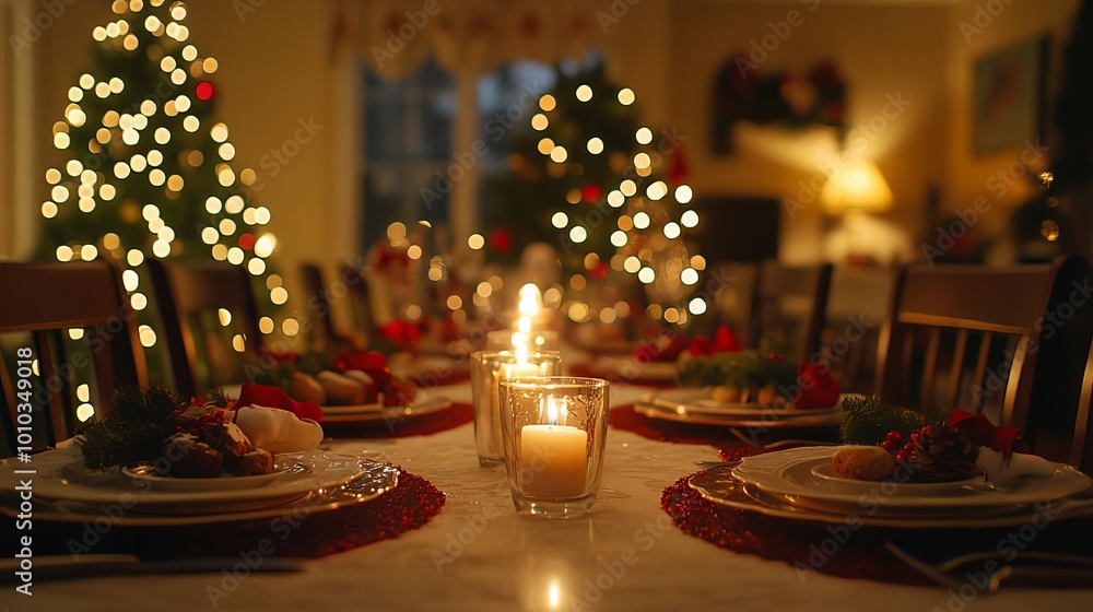 Festive Christmas Table Setting with Candles and Decorations Festive Christmas Table Setting with Candles and Decorations