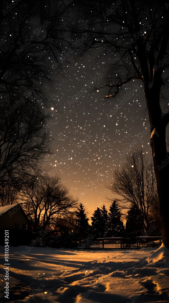 Winter Night Sky Stars Snow Silhouette Trees Backyard Landscape Winter Night Sky Stars Snow Silhouette Trees Backyard Landscape
