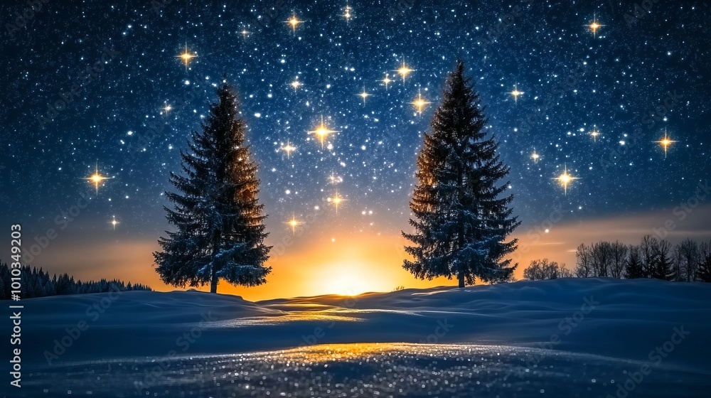 Winter Wonderland with Snow Covered Trees and Starry Sky Winter Wonderland with Snow Covered Trees and Starry Sky