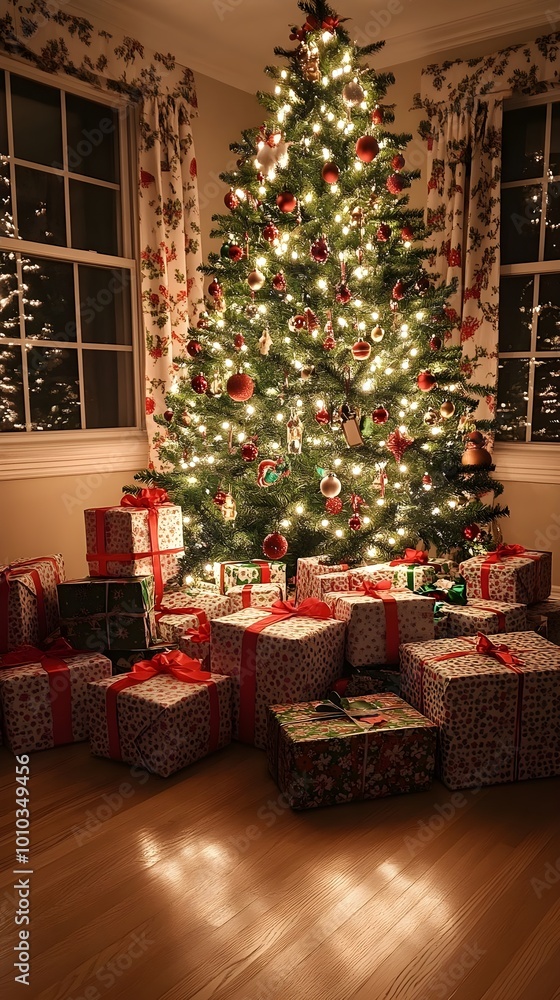 Christmas Tree with Presents and Lights in Cozy Room Christmas Tree with Presents and Lights in Cozy Room