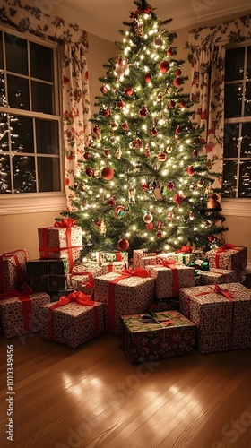 Christmas Tree with Presents and Lights in Cozy Room