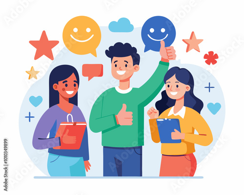 Social feedback, opinion or business advice, employee discussion, debate or customer comment, social media positive and negative feedback, people giving opinion with thumb up, vector illustration