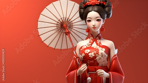 Chinese Woman in Red Dress with Umbrella Asian Culture Traditional Clothing Beauty Ill