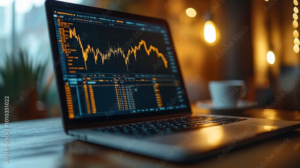 Stock Market Data on Laptop Screen with Warm Lighting and a Cup of Coffee Stock Market Data on Laptop Screen with Warm Lighting and a Cup of Coffee