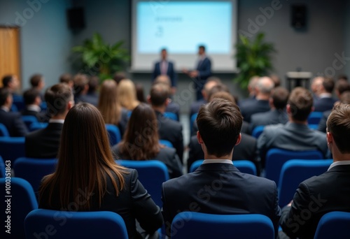 The audience listens to a business presentation in the conference room