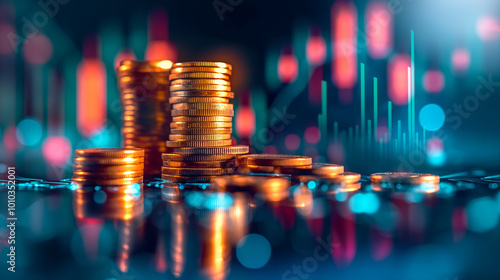 Double exposure image of coin stacks on technology financial graph background.Economy trends background for business  financial meltdown  Cryptocurrency digital economy