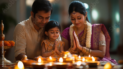 Indian family is gathered together in warm, festive atmosphere, praying in front of beautifully decorated home altar with candles and flowers. scene radiates love and devotion