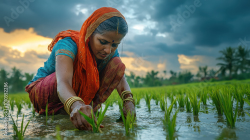 Indian woman in traditional attire is working in lush green rice paddy field during monsoon season, showcasing dedication and connection to nature