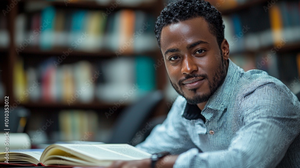 A man studying in a library, focused on his book with a thoughtful expression. A man studying in a library, focused on his book with a thoughtful expression.