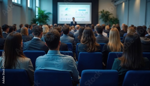 A group of professionals in a business seminar watching a presentation in a hall