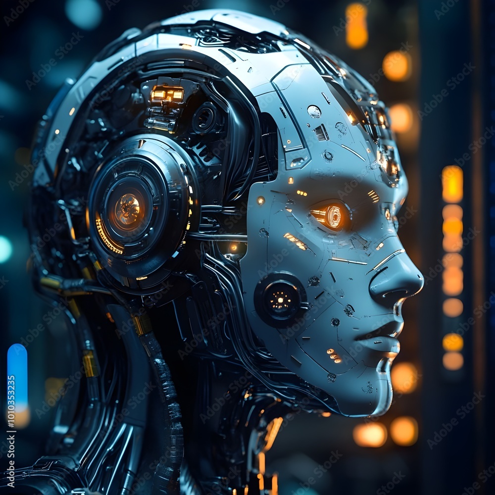 Futuristic Humanoid AI: The Face of Advanced Technology, bathed in warm orange and blue hues . Showcases intricate mechanical details and cybernetic features.
Futuristic Humanoid AI: The Face of Advanced Technology, bathed in warm orange and blue hues . Showcases intricate mechanical details and cybernetic features.