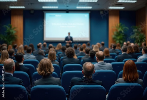 A group of professionals in a business seminar watching a presentation in a conference room