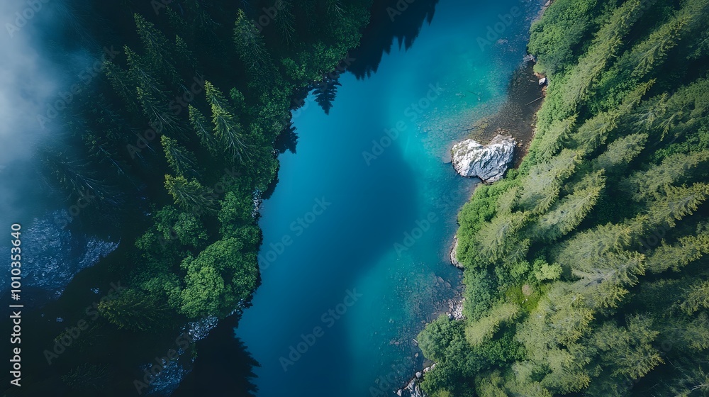 Aerial View of a Pristine Lake Surrounded by Lush Forests Aerial View of a Pristine Lake Surrounded by Lush Forests