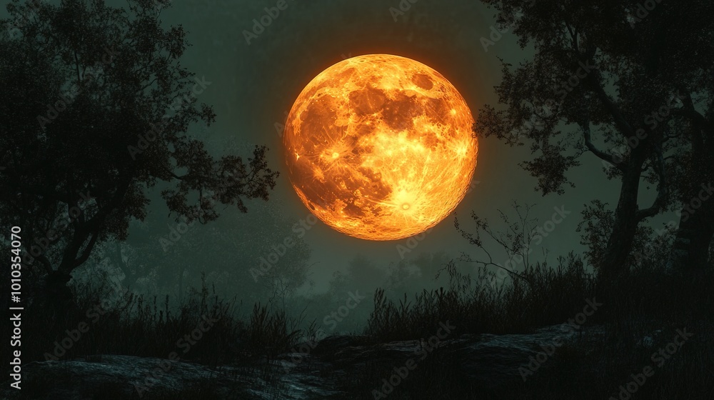 Orange moon shining against a dark Halloween night Orange moon shining against a dark Halloween night