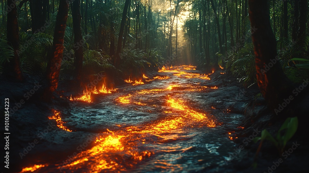 Lava river flowing to green forest glowing Lava river flowing to green forest glowing
