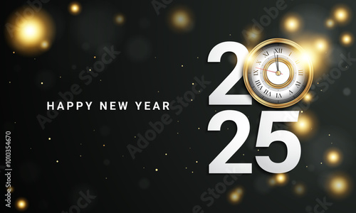 2025 Happy New Year Background Design with antique gold clock illustration.