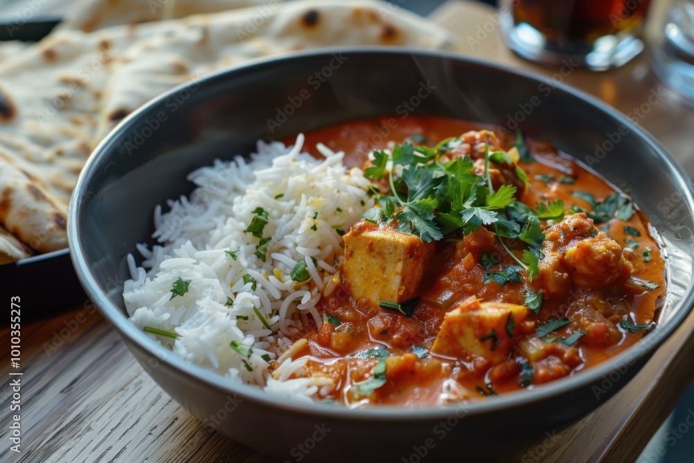 Butter chicken with creamy curry, basmati rice, and naan bread in a traditional Indian meal Butter chicken with creamy curry, basmati rice, and naan bread in a traditional Indian meal