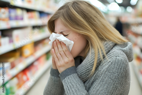 Woman Sneezing Into a Tissue While Shopping at a Supermarket, Capturing the Symptoms of Flu in a Real Life Situation