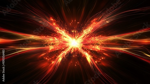 Abstract fiery explosion with bright orange and yellow light radiating outward from the center.