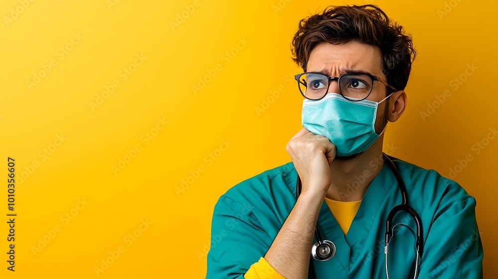 Doctor Wearing Medical Mask and Glasses, Thinking, Illustration Doctor Wearing Medical Mask and Glasses, Thinking, Illustration
