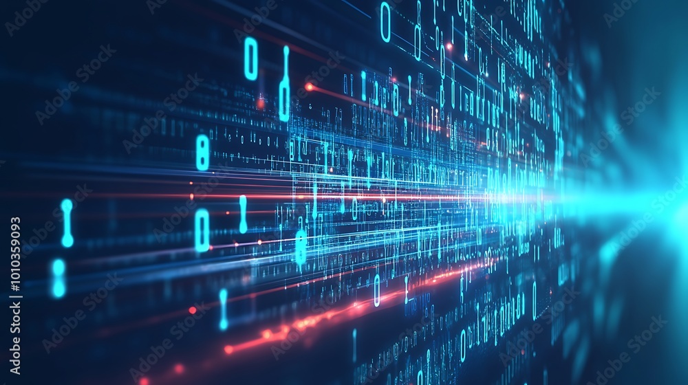 Fototapeta premium Abstract digital binary code background with lines of blue and red light streaks.