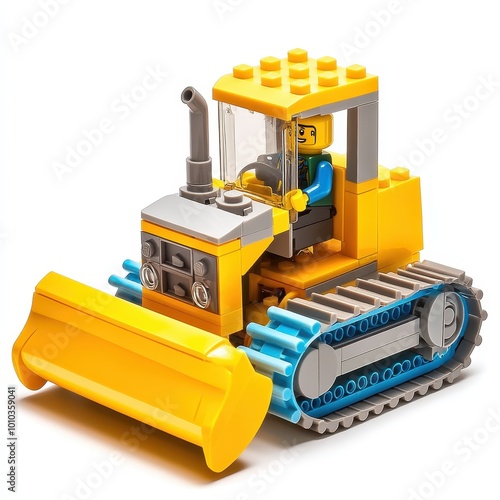 A colorful toy bulldozer with a driver, designed for creative play and construction activities.