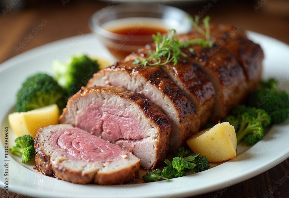 Plate of roasted pork tenderloin sliced and served with steamed broccoli and roasted potatoes Plate of roasted pork tenderloin sliced and served with steamed broccoli and roasted potatoes