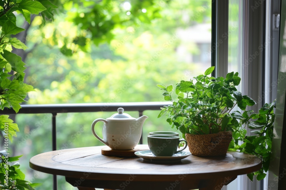 Serene balcony with a small table set for tea. Herbal tea cups and a teapot are ready to enjoy Serene balcony with a small table set for tea. Herbal tea cups and a teapot are ready to enjoy