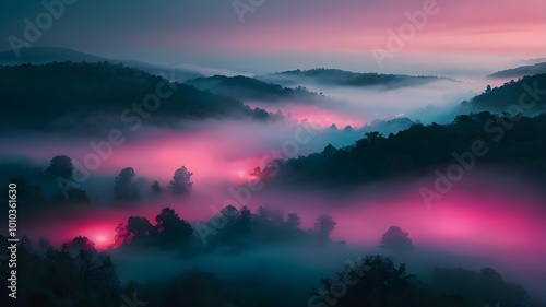 Mystical hills veiled in mist with glowing horizon