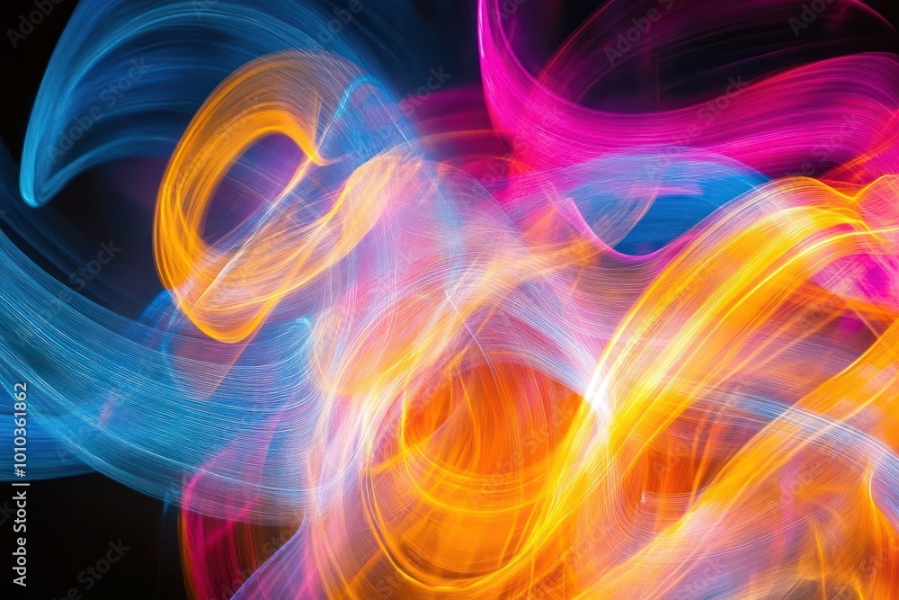 Abstract colorful light trails, swirls and waves in blue, orange and pink on a black background. Abstract colorful light trails, swirls and waves in blue, orange and pink on a black background.
