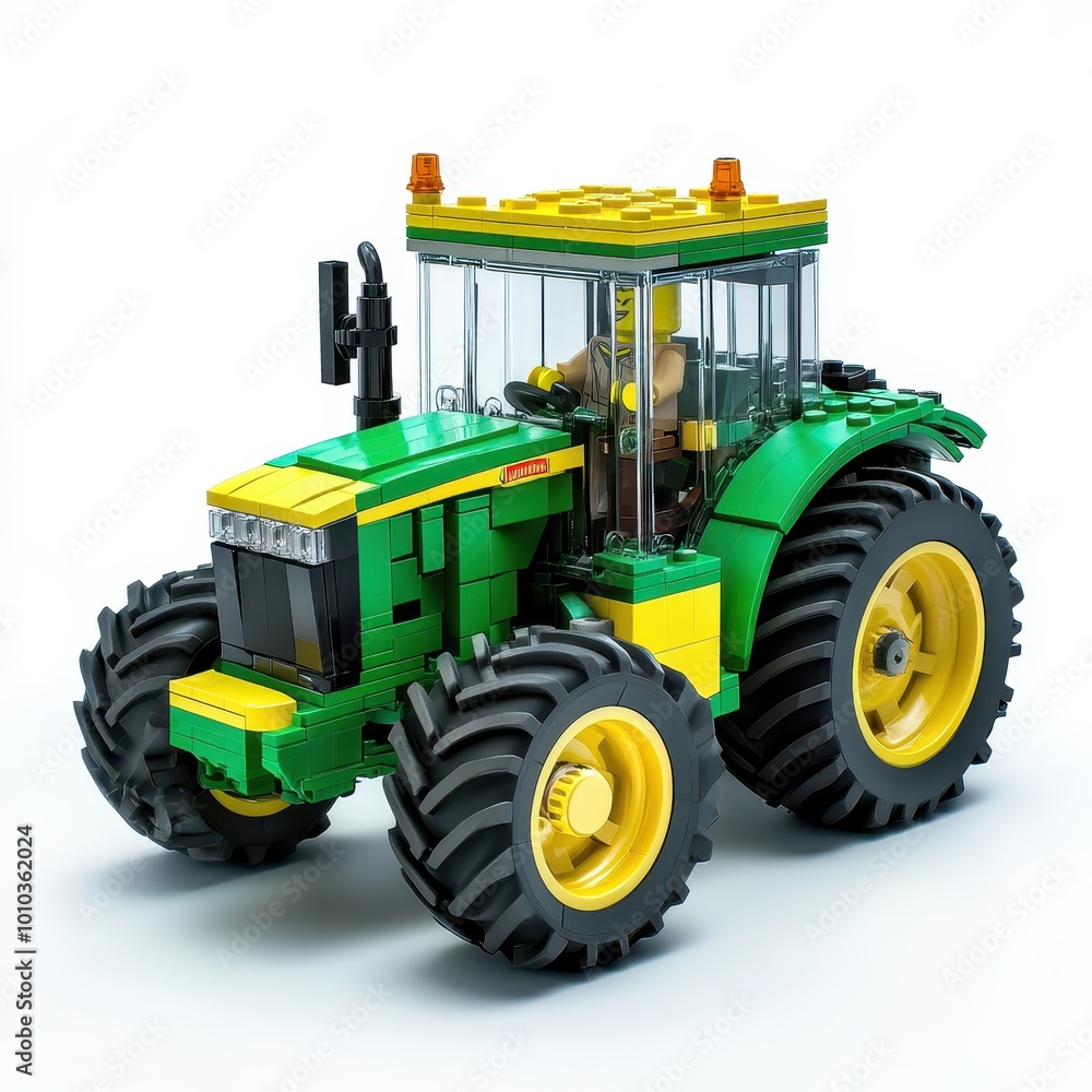 Obraz premium A colorful toy tractor model made from building blocks, showcasing design and creativity.